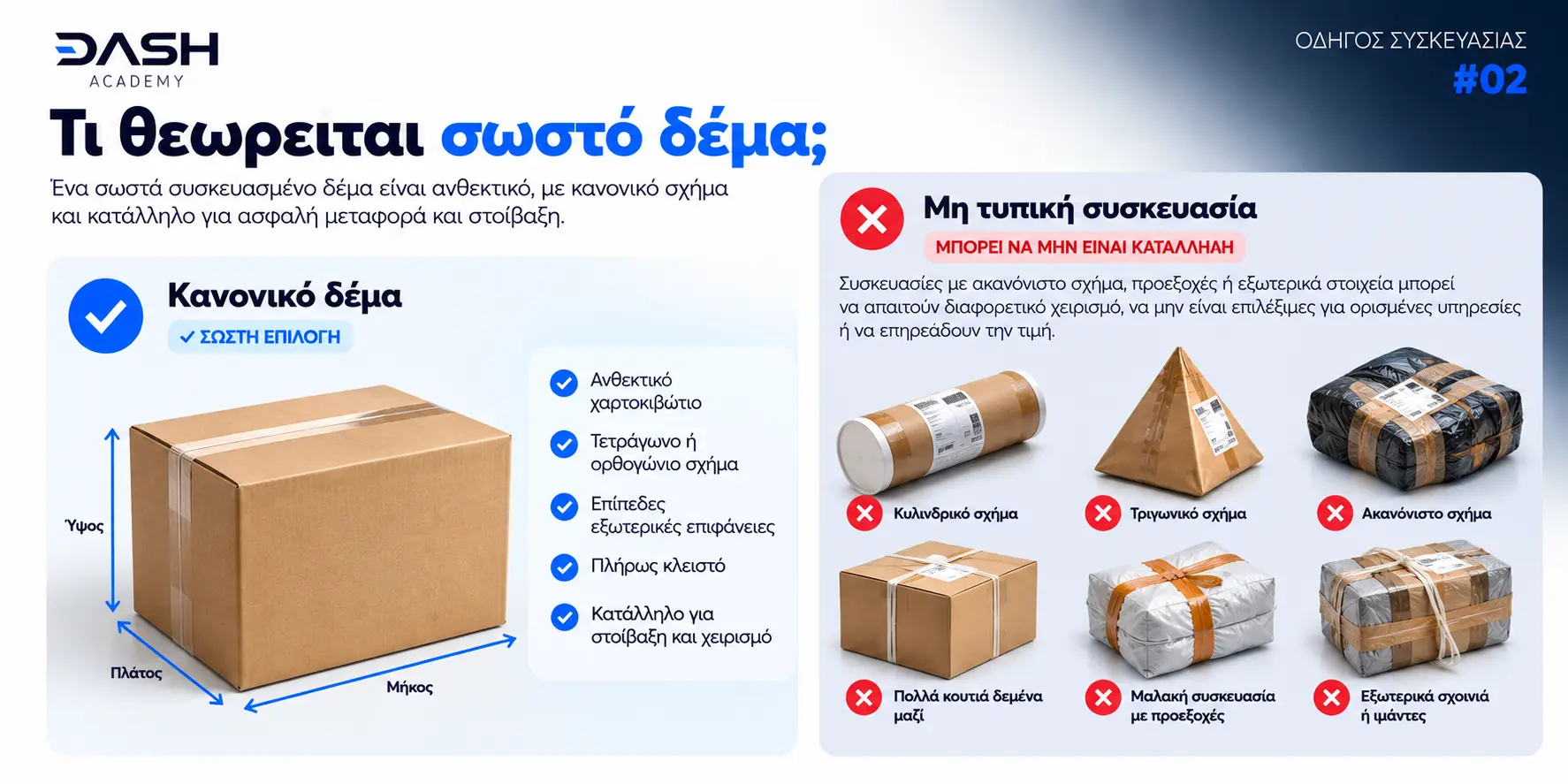 Σωστό δέμα: ανθεκτικό ορθογώνιο χαρτοκιβώτιο με μήκος, πλάτος και ύψος. Μη τυπικές συσκευασίες: κυλινδρικό, τριγωνικό ή ακανόνιστο σχήμα, πολλά κουτιά δεμένα μαζί, μαλακή συσκευασία με προεξοχές, εξωτερικά σχοινιά ή ιμάντες.