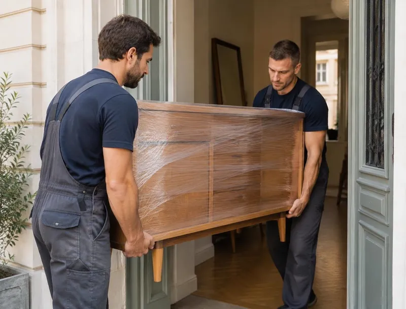 Two movers carrying wrapped furniture out of a home