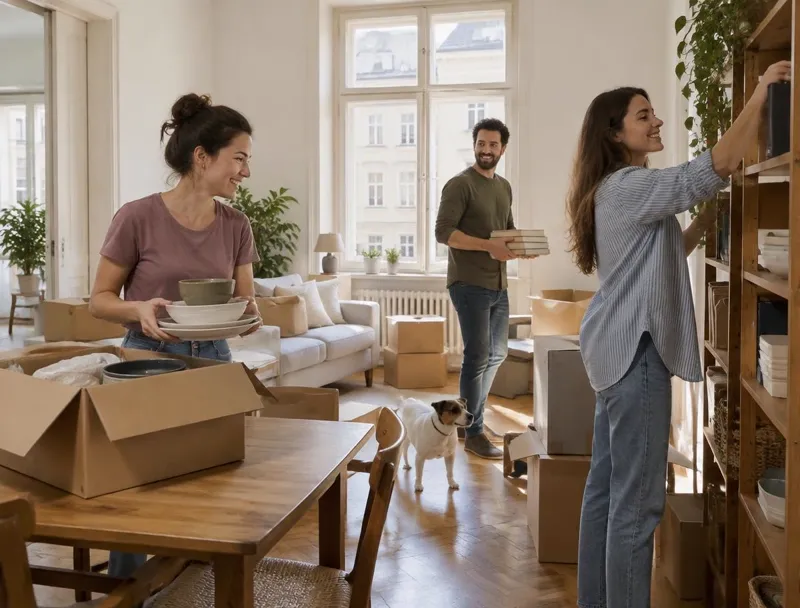 People unpacking boxes and arranging belongings in a new home