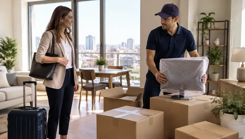 An employee preparing an international relocation with a mover