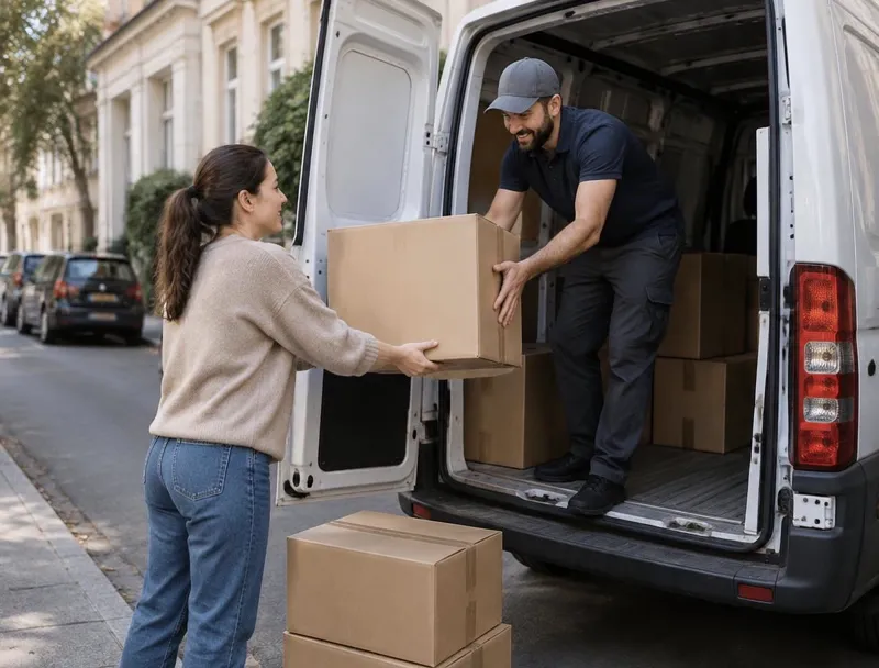 A driver helping a customer load boxes into a van