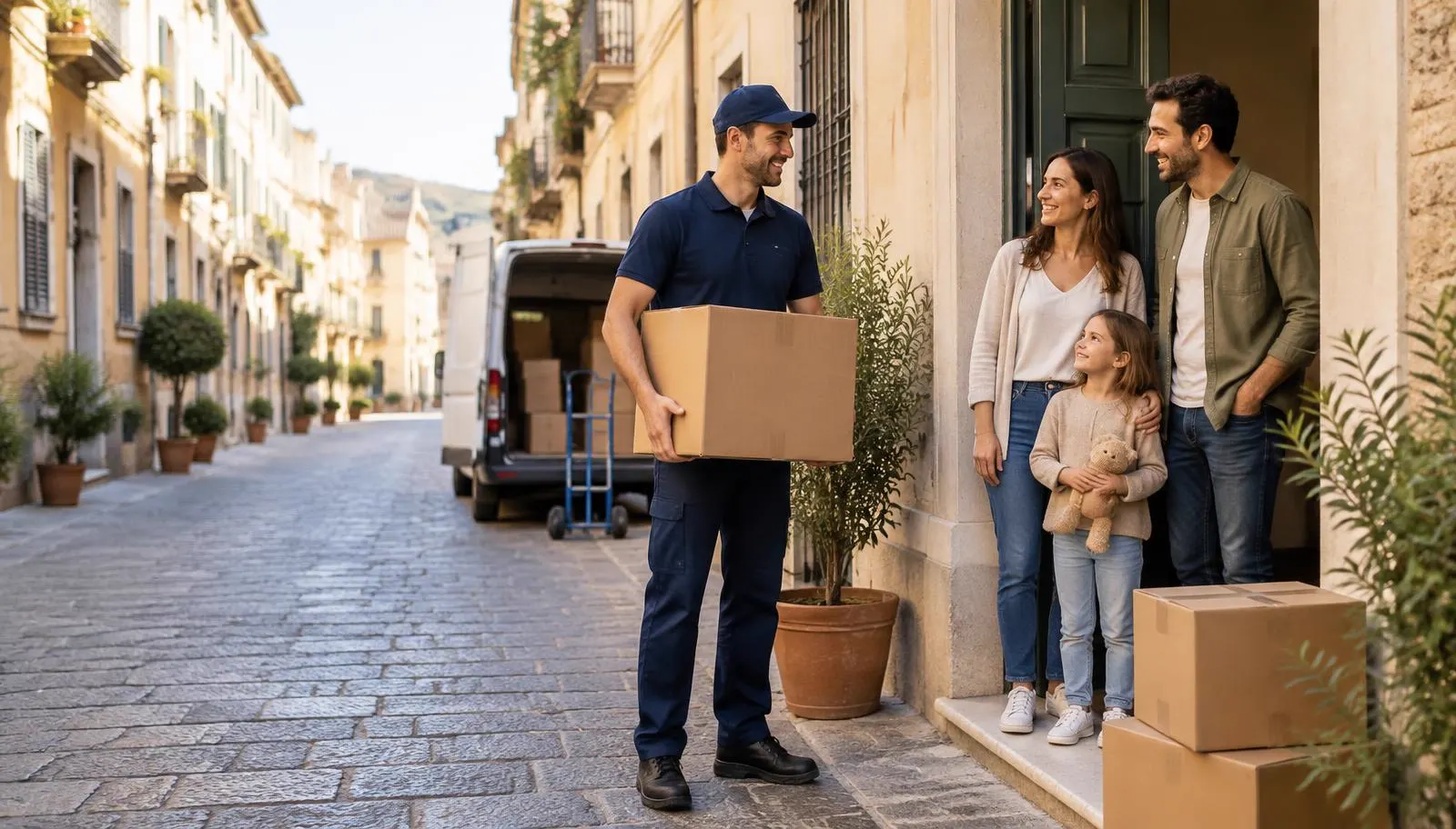 A family at their front door with a mover holding a box
