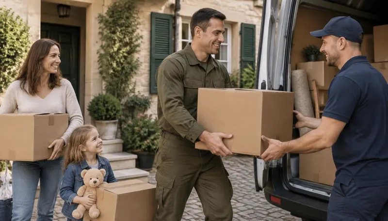 A service member and family loading boxes into a moving van