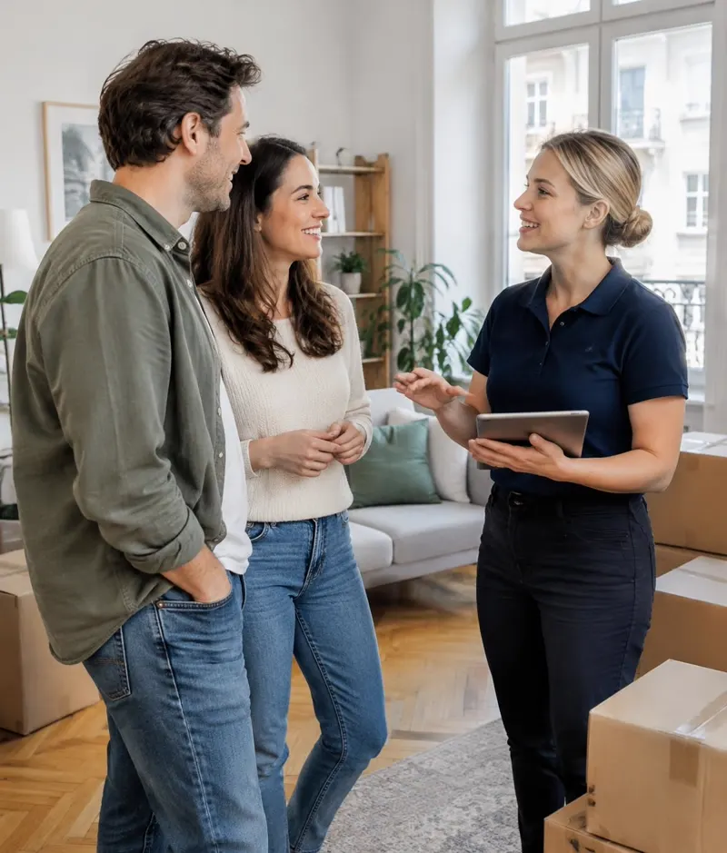 A moving coordinator talking with a couple at home